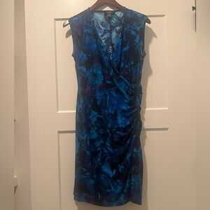Chaps Blue and Black V-Neck Sheath Midi Dress